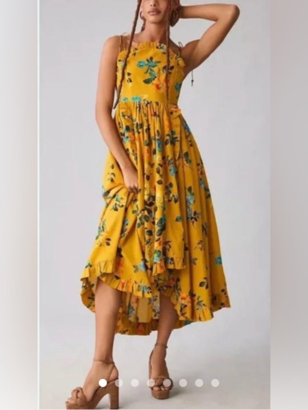 Anthropologie Maeve Dress High Low Pleated Trim Yellow Floral Preppy Vacay - 0